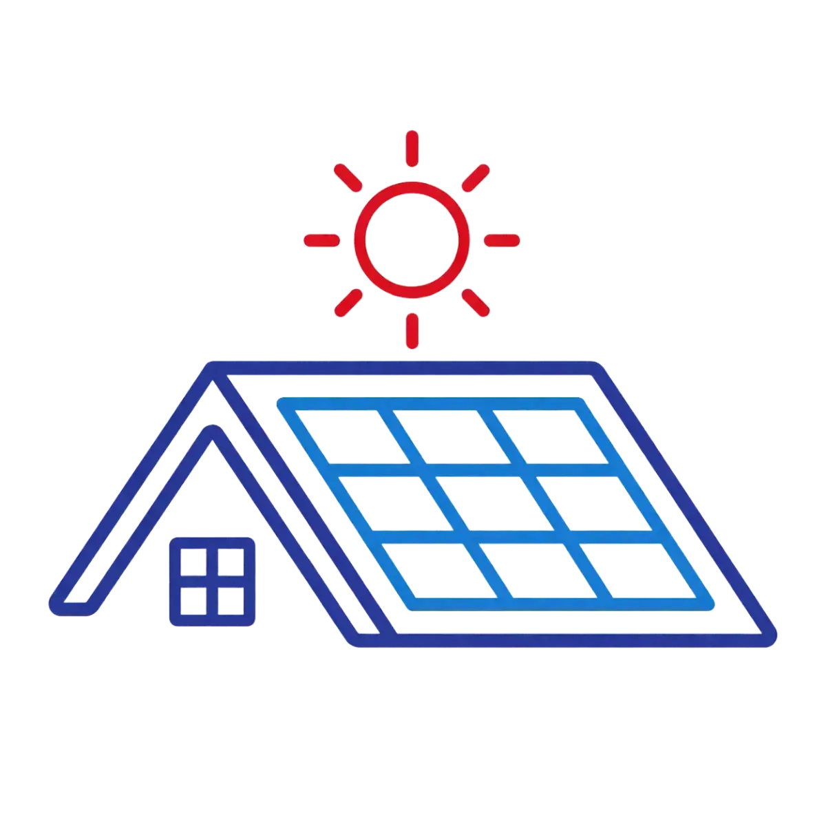 Blue house with solar panels under a red sun icon