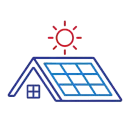 Blue house roof with solar panels under a red sun icon
