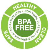 Green circle that says healthy, clean, safe around the border and BPA Free in the center.