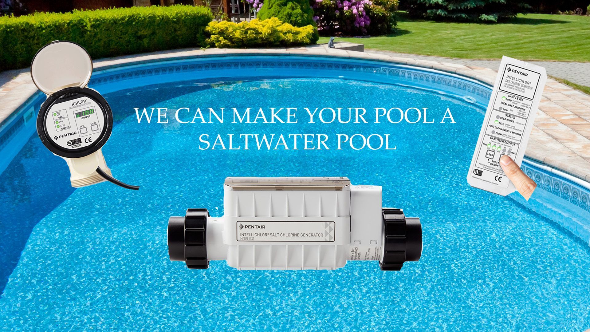 Save Your Eyes - Drop The Chlorine Saltwater generators desplay over pool background