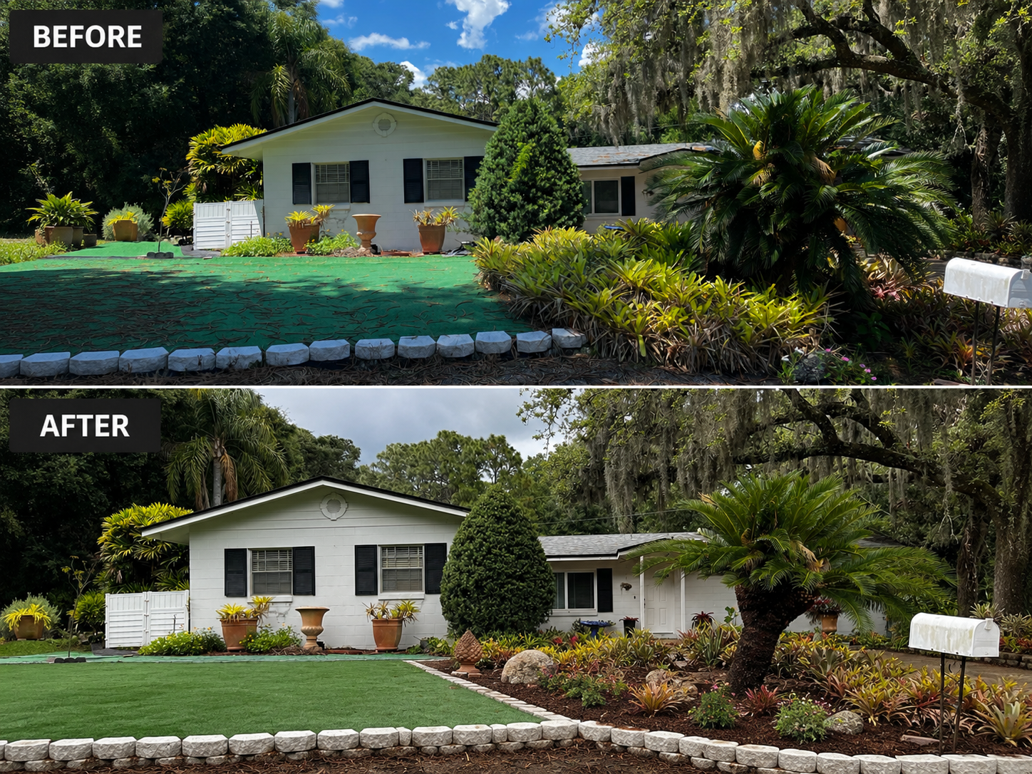 Before-and-after view of a white house with a landscaped front yard and green lawn