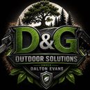 D&G Outdoor Solutions logo with green lettering, trees, moon, and owner Dalton Evans on a dark background