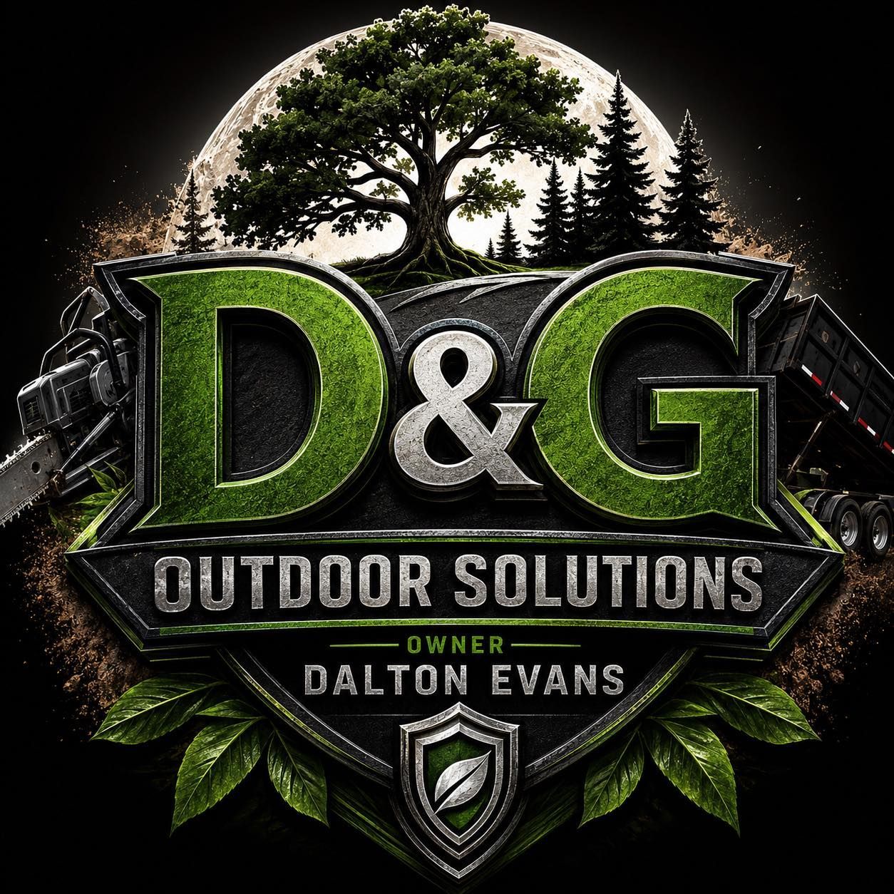 D&G Outdoor Solutions logo with green lettering, trees, moon, and owner Dalton Evans on a dark background