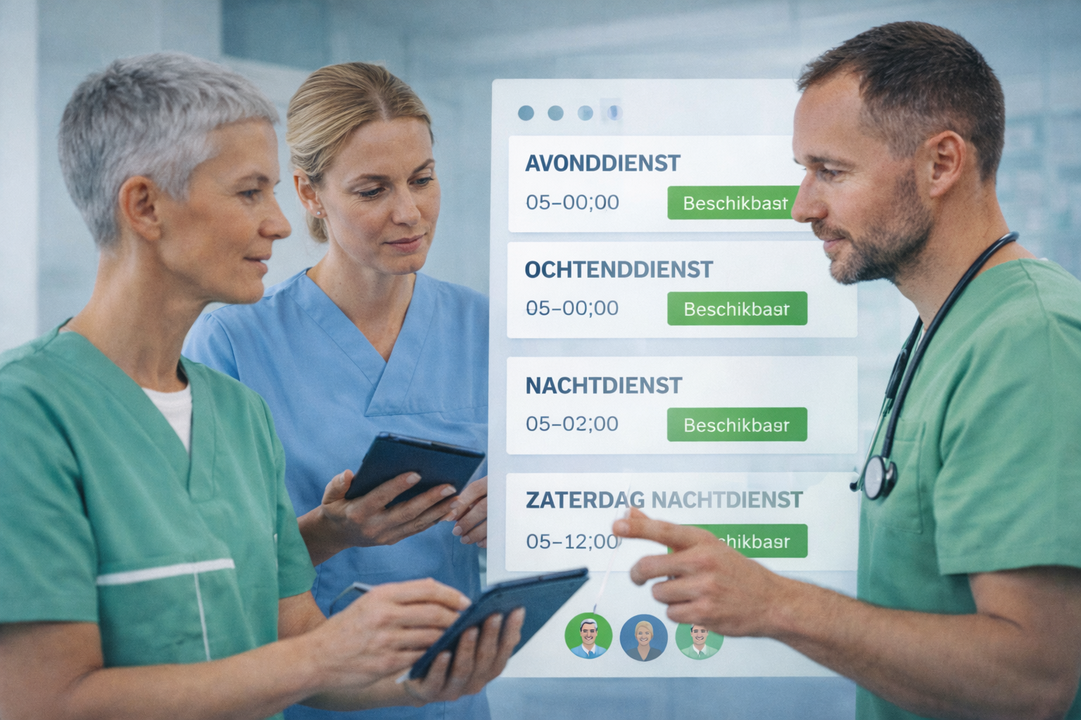 Drie medische professionals in operatiekleding bespreken de dienstroosters op een digitaal, transparant scherm.