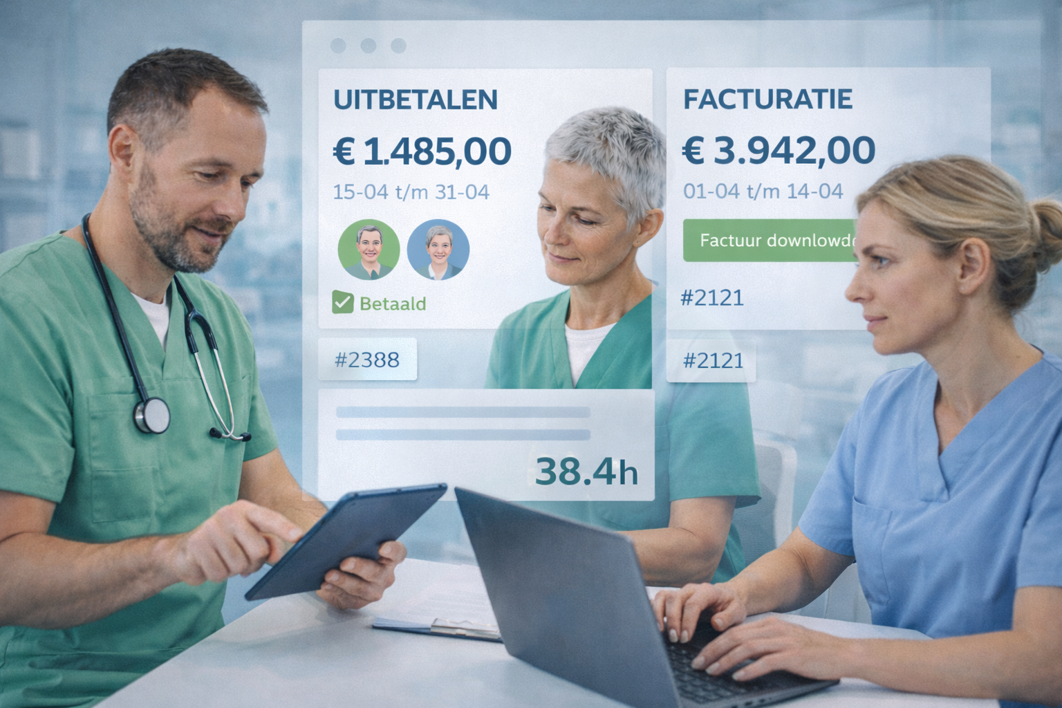 Drie medische professionals werken samen via digitale interfaces waarop salaris- en facturatiegegevens worden weergegeven.