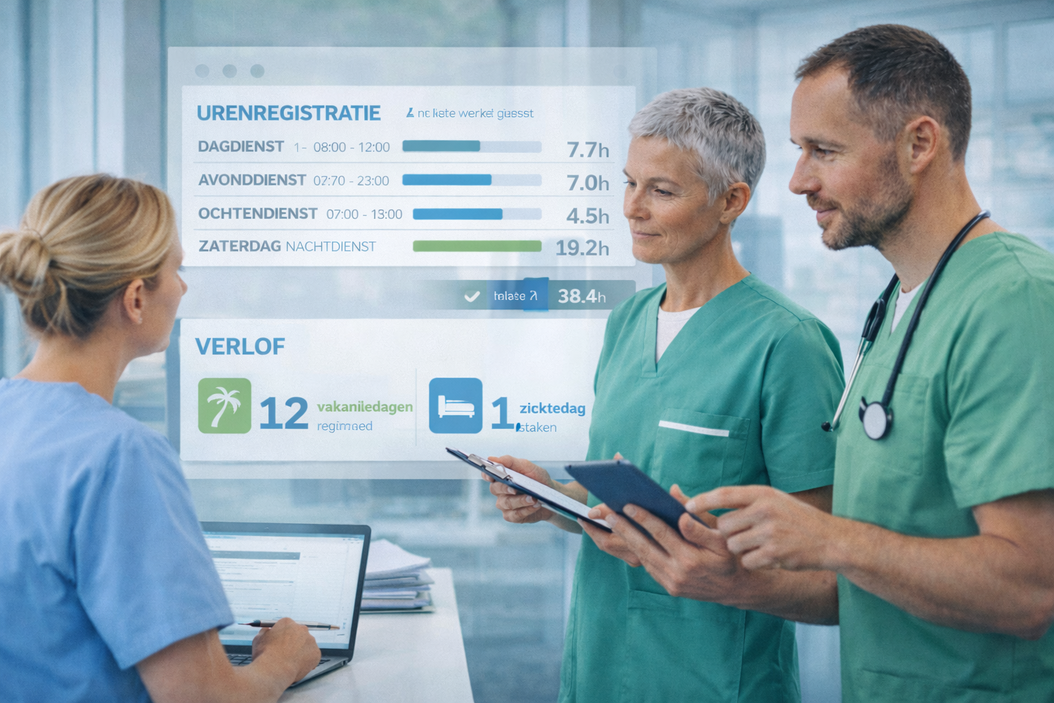 Drie medische professionals bekijken in een ziekenhuiskantoor de gegevens over gewerkte uren en verlof, die zijn vastgelegd met een hologram.