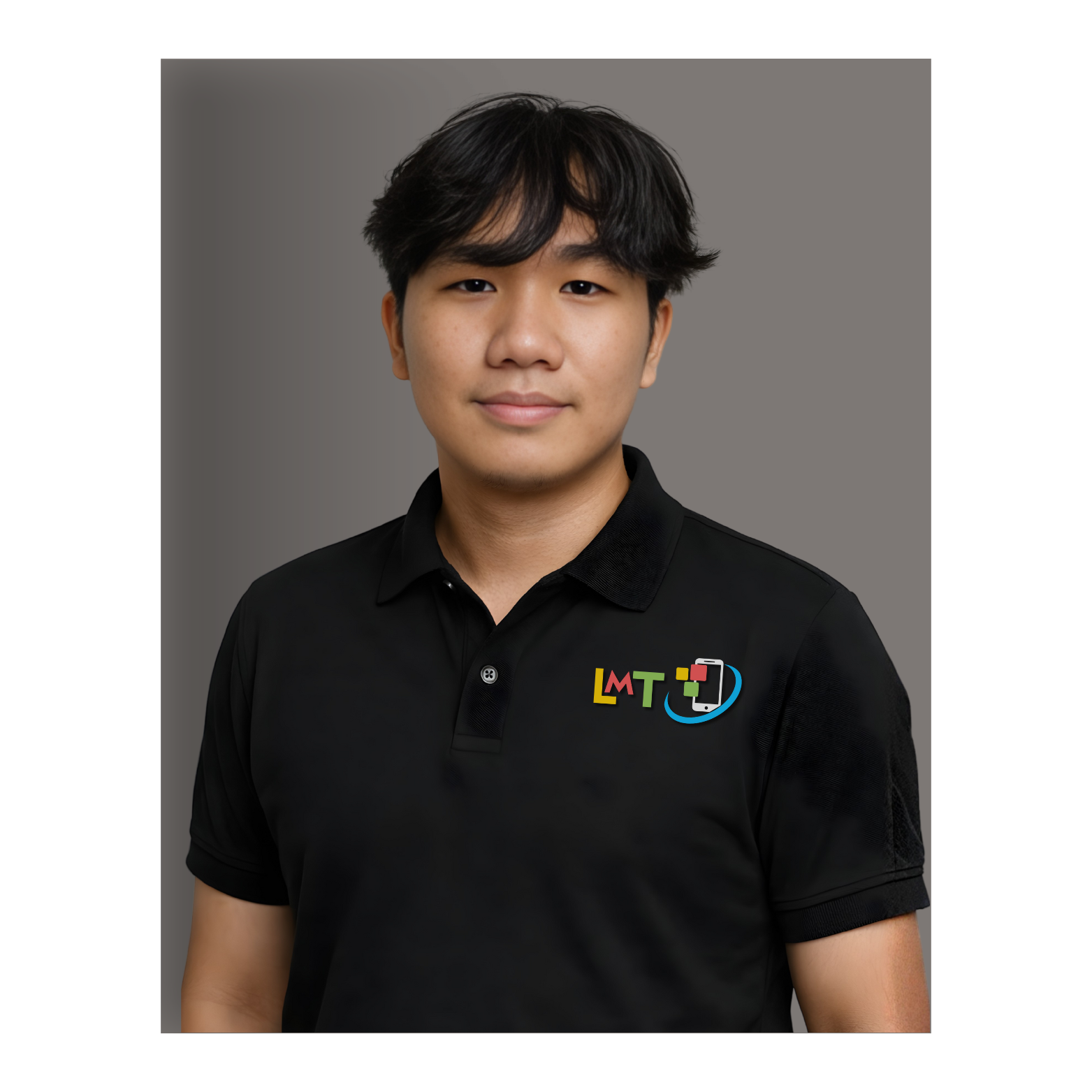 Young Asian man in a gray polo shirt with a logo, centered in an oval frame.