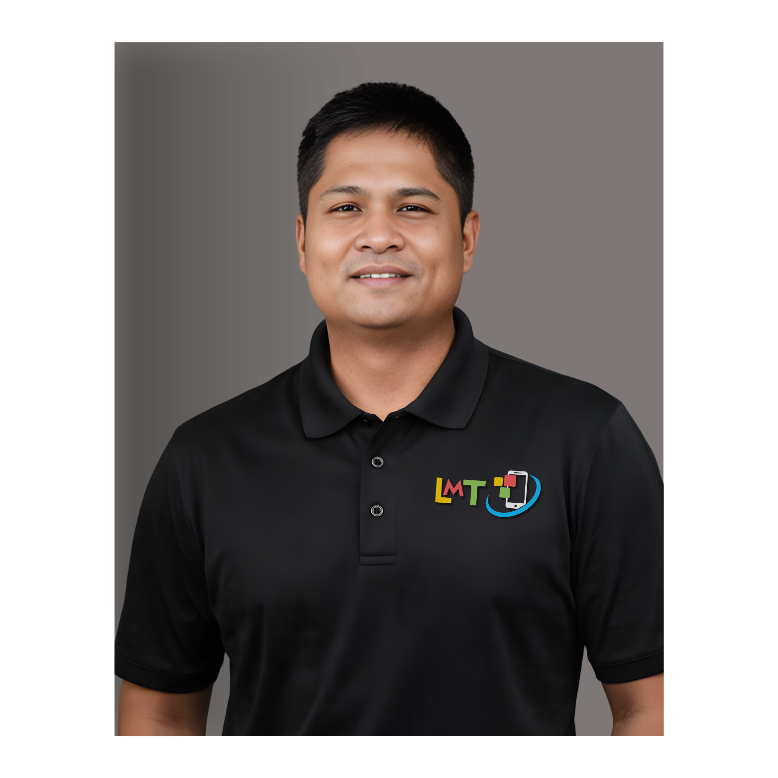 Man in a black polo shirt with the logo 