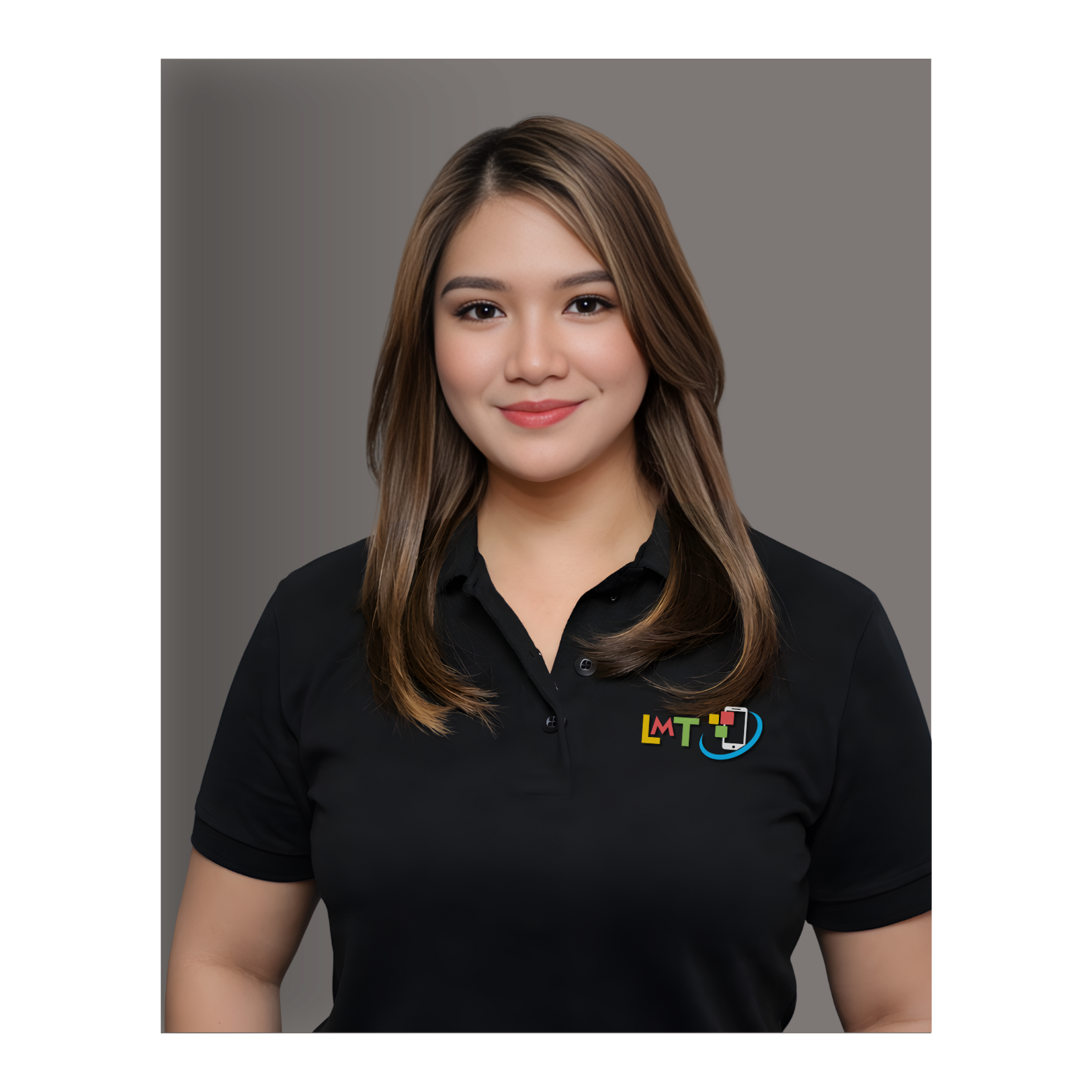 A young woman with long brown hair, wearing a black shirt, smiles against a dark background.