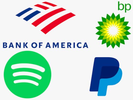 Logos of Bank of America (red/blue stripes), BP (green/yellow), Spotify (green circle), and PayPal (blue 