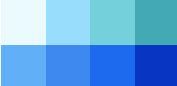 A color palette of eight rectangular blocks in shades of blue, from very light to dark.