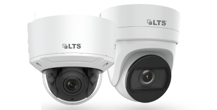 Two white LTS security cameras against a white background, one dome and one turret style.