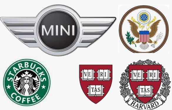 Logos for Mini car brand, United States, Starbucks Coffee, and Harvard University.
