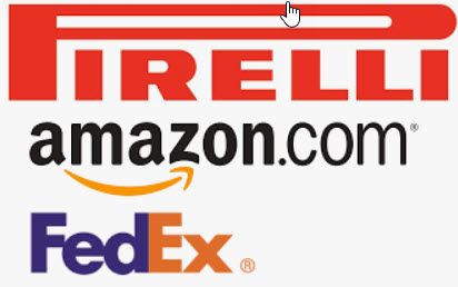 Logos of Pirelli tires, Amazon, and FedEx.