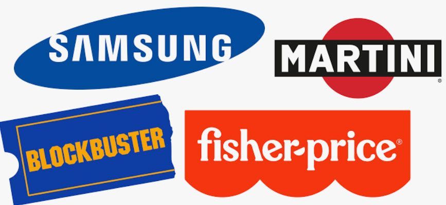 Logos for Samsung (blue), Martini (red and black), Blockbuster (blue and yellow), and Fisher-Price (orange).