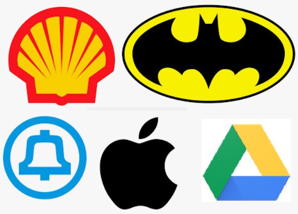 Logos for Shell, Batman, a bell, Apple, and Google Drive.