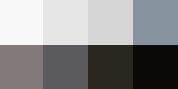 Color palette: Eight vertical rectangular swatches range from white to black with variations of gray.