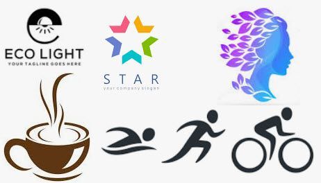 Logos for Eco Light, Star, a woman's silhouette with leaves, coffee, swimming, running, and cycling, 