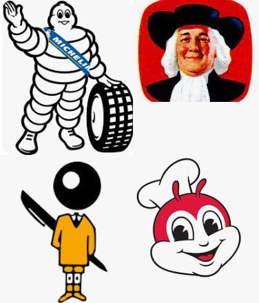Top left: Michelin Man with tire. Top right: Quaker Oats man. Bottom left: Pilot pen mascot. Bottom right: Jollibee mascot.