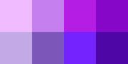 Color palette showcasing eight shades of purple. From light to dark, the hues span lavender, violet, and deep indigo.