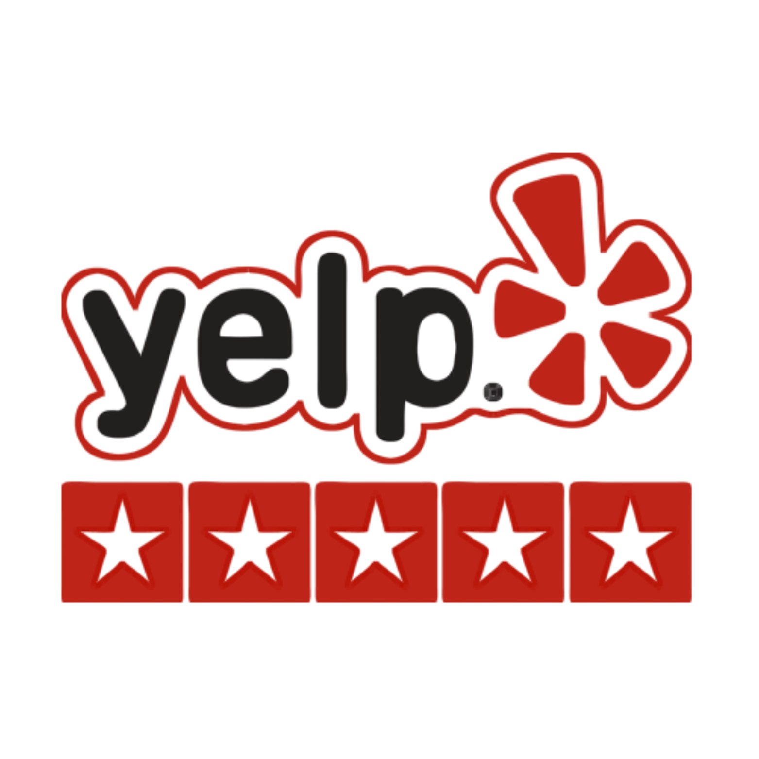 Yelp logo with black text on a red background, five white stars, and a red exclamation point.