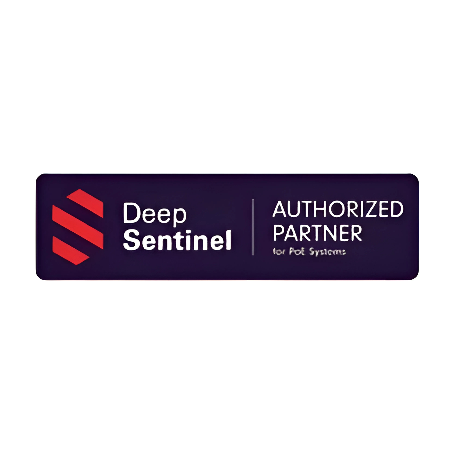 Logo for Deep Sentinel, an authorized partner for PoE systems, featuring a red and white emblem on a dark blue background.