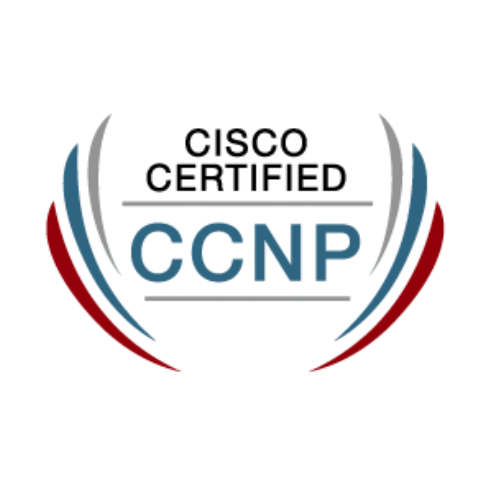 Cisco Certified CCNP badge with red, blue, and gray swooshes. Text reads
