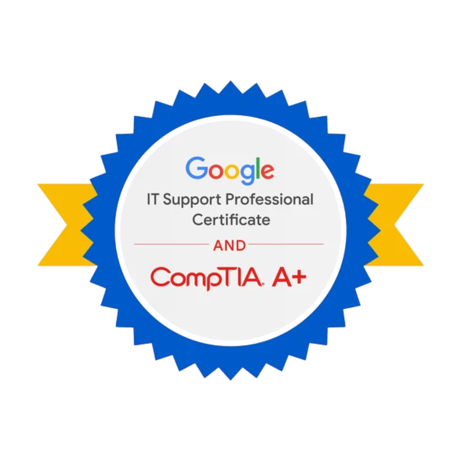 Google IT Support Professional Certificate and CompTIA A+ logos.