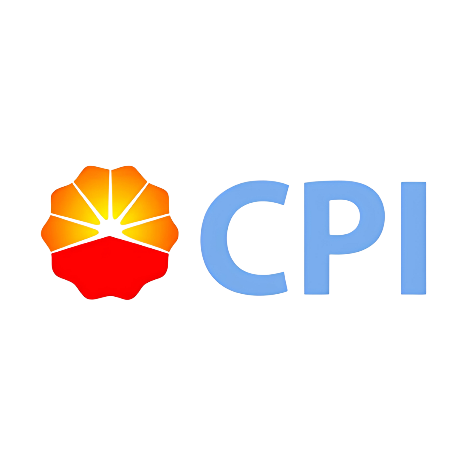 Logo for CPI, featuring a sun-like design with red and yellow elements next to light blue text 
