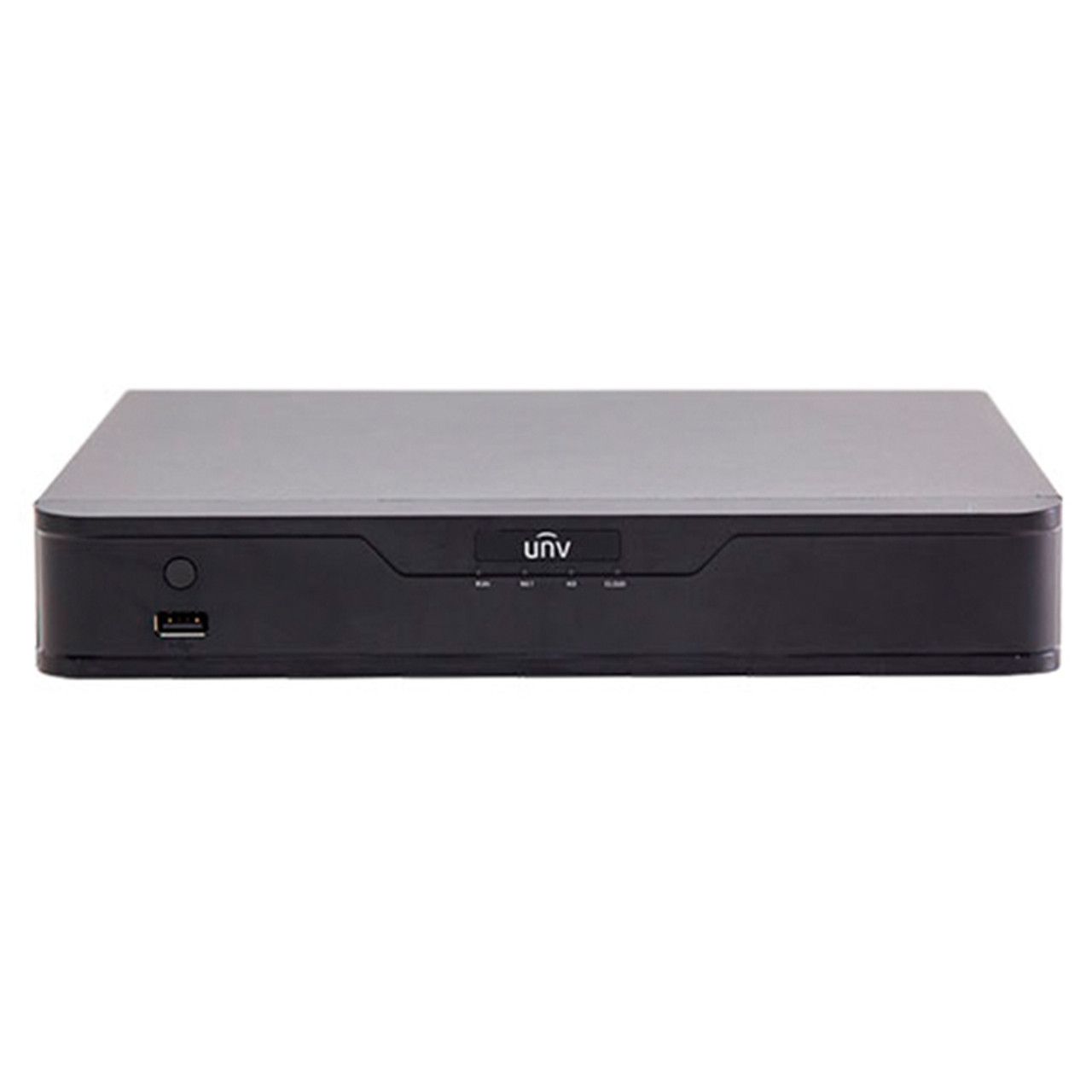 Black UNV security camera recorder; front view, with USB port and indicator lights.