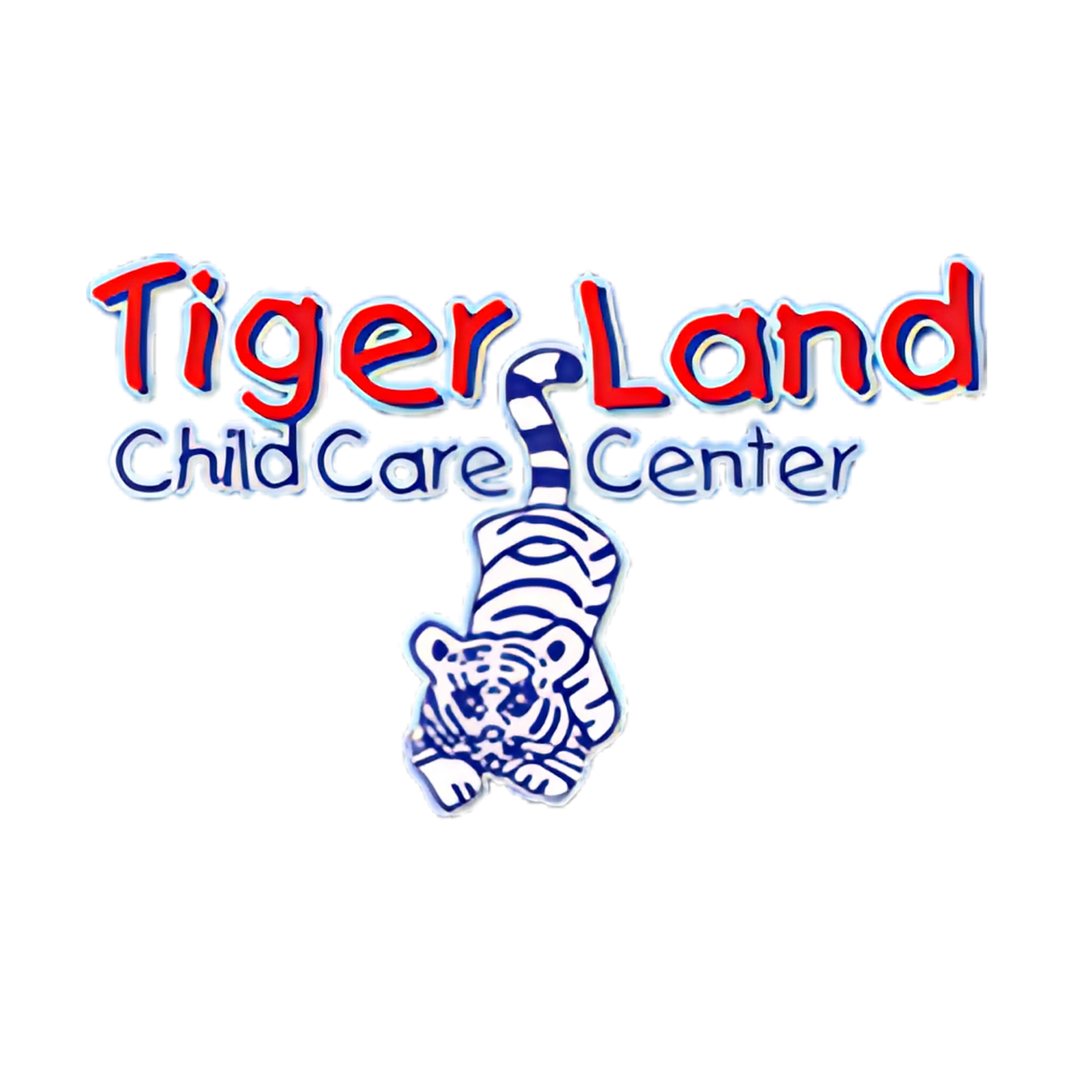 Logo for Tiger Land Child Care Center, featuring a blue and white tiger cub with red and blue text.