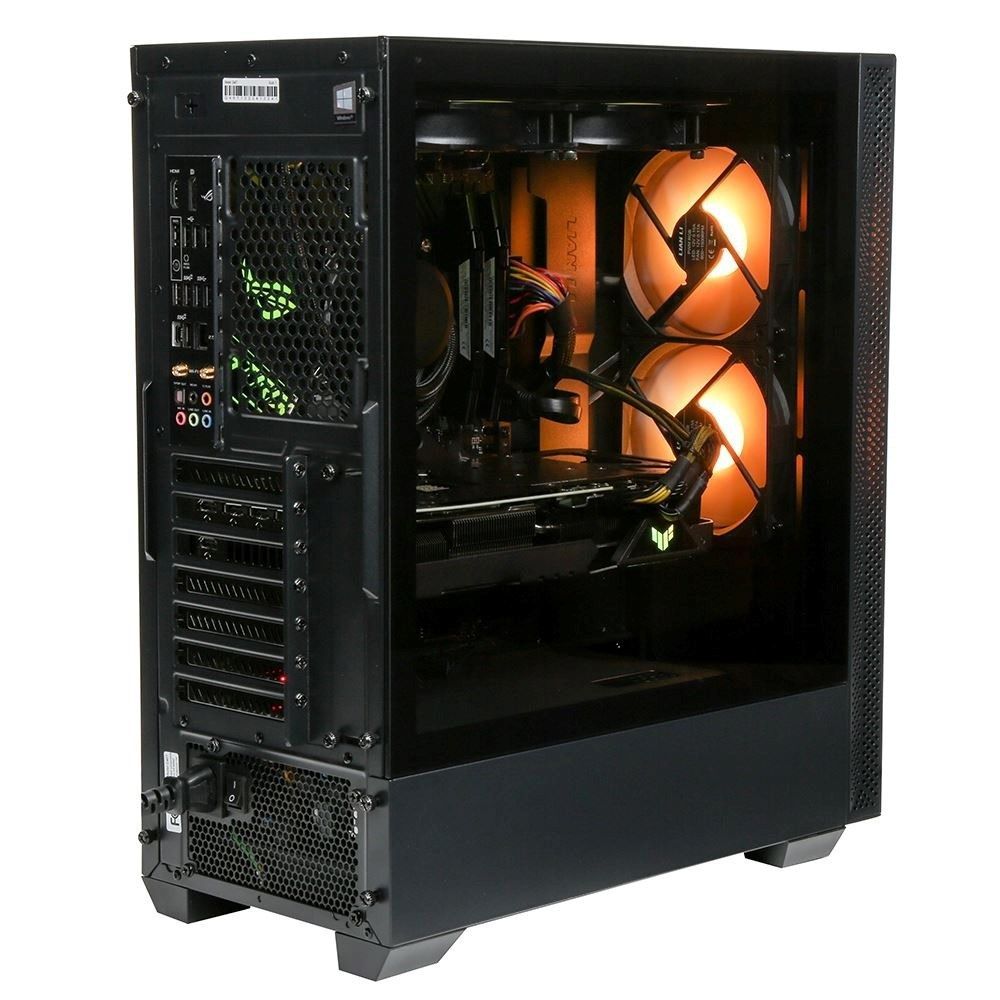 Black computer tower with a glass side panel, showcasing internal components and illuminated orange fans.