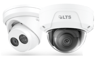 Two white dome security cameras side-by-side. One camera has two visible lenses.
