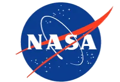 NASA logo: a blue circle with the agency's name in white, a red swoosh, and a white orbit shape with a starry background.