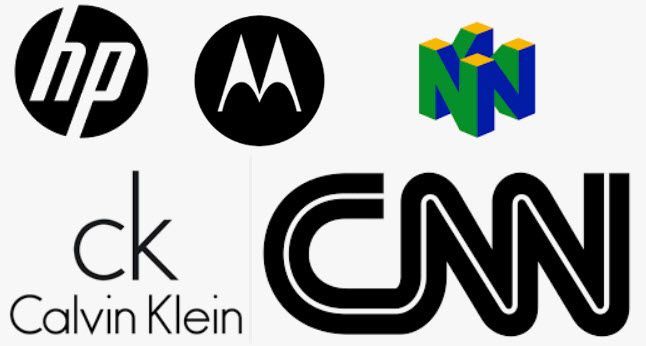 Logos of HP, Motorola, Nintendo 64, Calvin Klein, and CNN, all in black and white or a combination of colors.