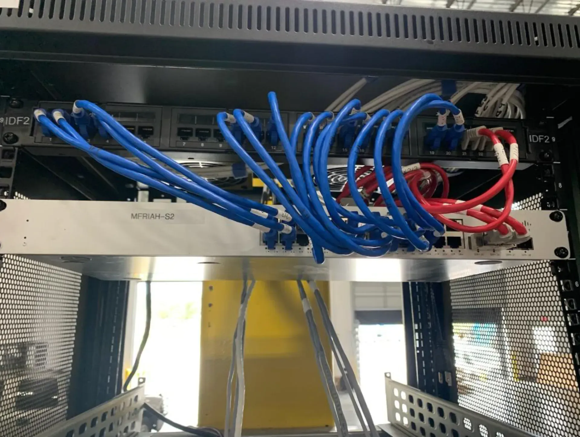 Network server rack with blue and red Ethernet cables. Cables are connected to a switch.