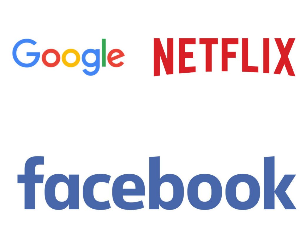 Logos for Google (multicolored), Netflix (red), and Facebook (blue).