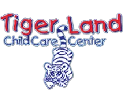 Logo for Tiger Land Child Care Center featuring a cartoon tiger in blue and white, with red and blue text.