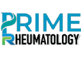 Logo for Prime Rheumatology in teal and green, with a stylized