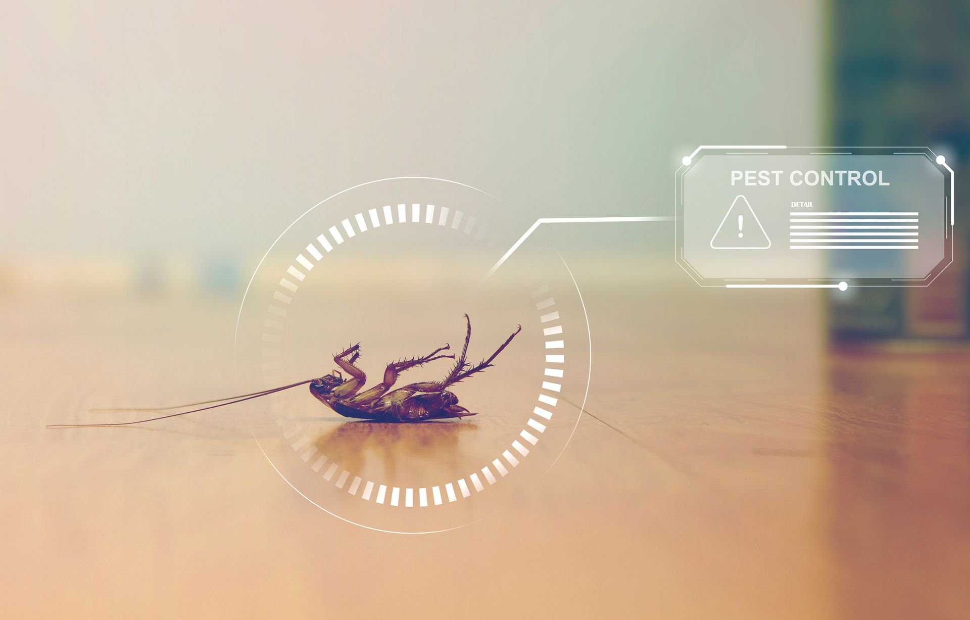 A dead cockroach on a floor shown with a digital warning graphic indicating pest control treatment. A dead cockroach on a floor shown with a digital warning graphic indicating pest control treatment.