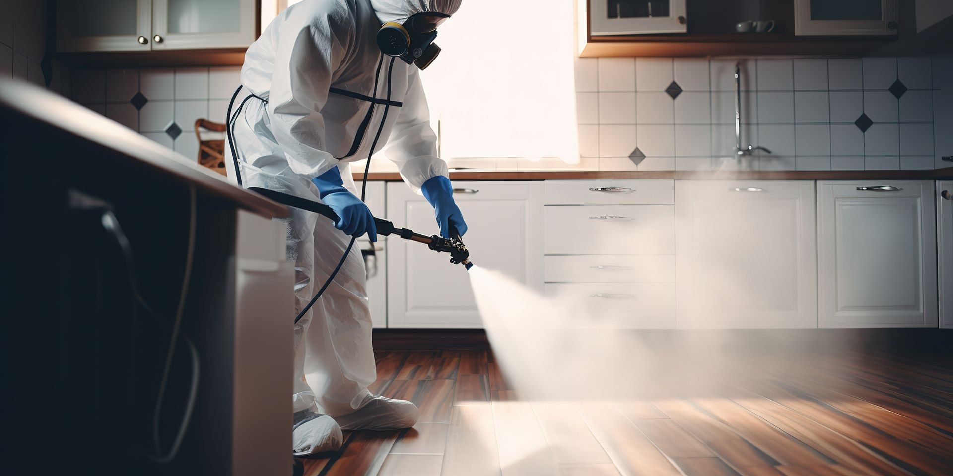 A professional pest control technician spraying pesticide in a home kitchen for pest prevention. A professional pest control technician spraying pesticide in a home kitchen for pest prevention.