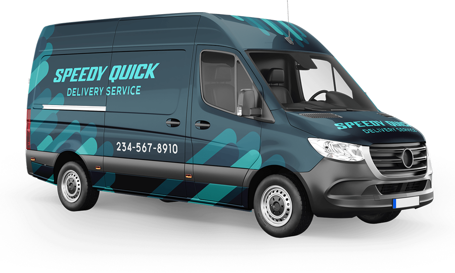 Black delivery van with turquoise “Speedy Quick” branding and “Swiftly Service” text on the side