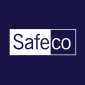 SafeCo logo: white text on a two-toned rectangle, white and dark blue background.