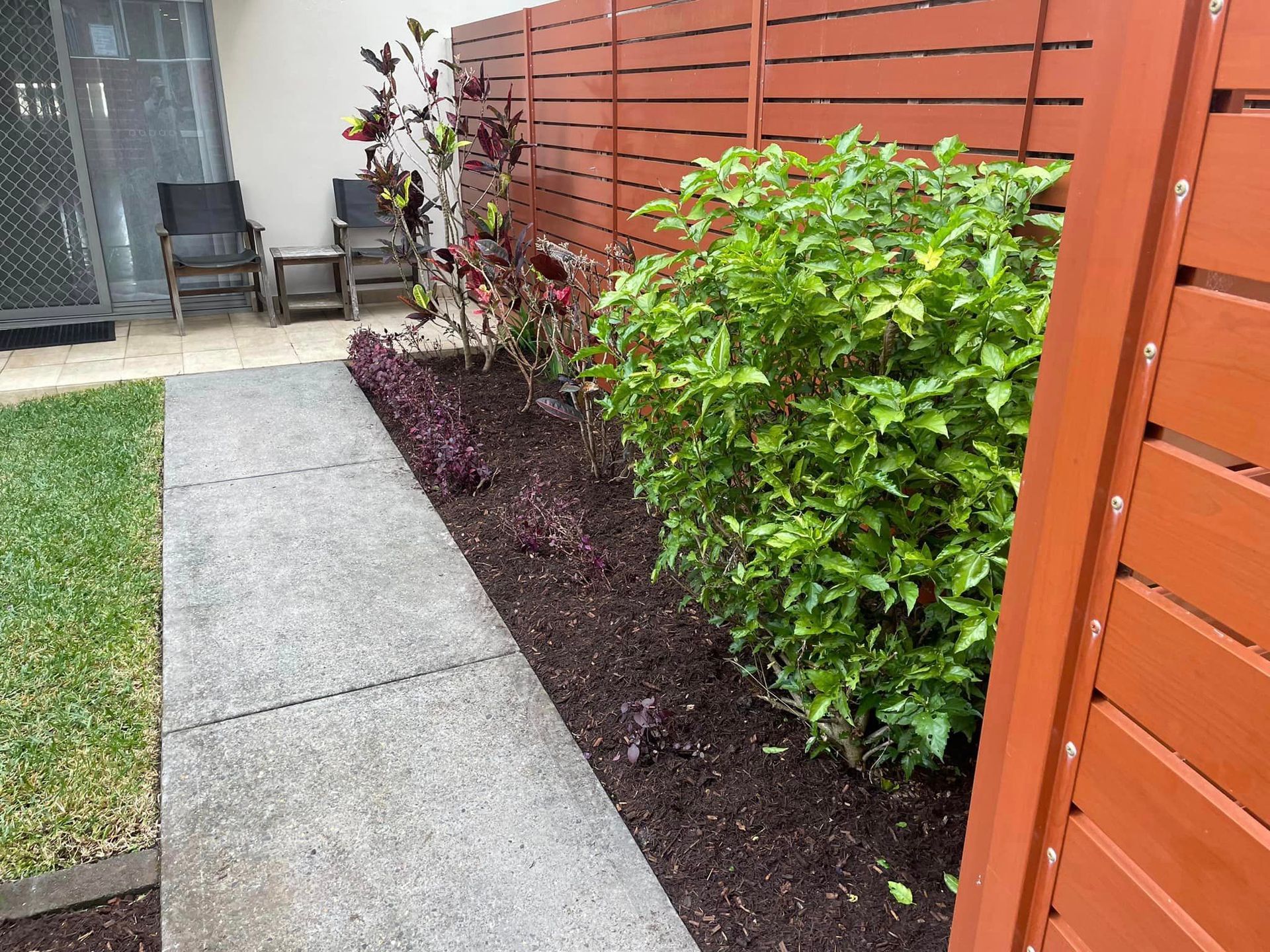 A wooden fence surrounds a concrete walkway in a backyard. — Greener Gardens Gardening Service In Thrumster, NSW