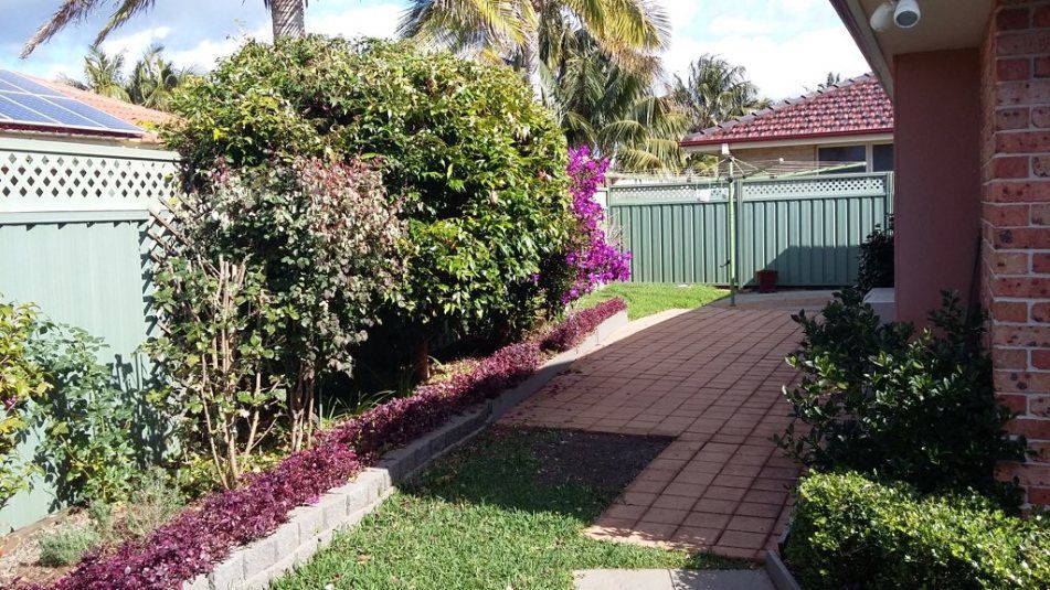 A Brick Walkway Leading to a House With Purple Flowers — Greener Gardens Gardening Service In Thrumster, NSW