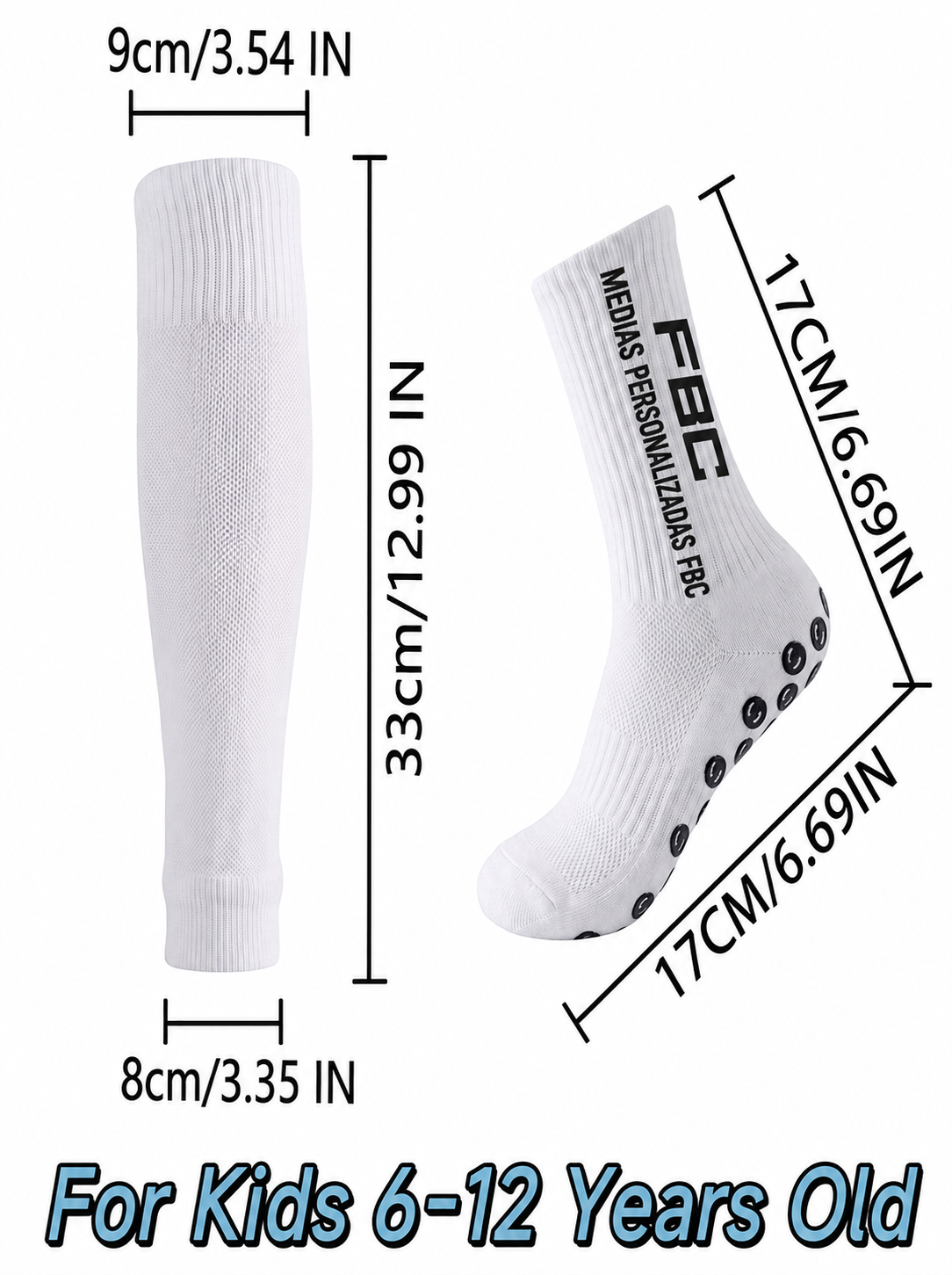 Calcetines blancos hasta la rodilla para niños, mostrados de frente y de lado