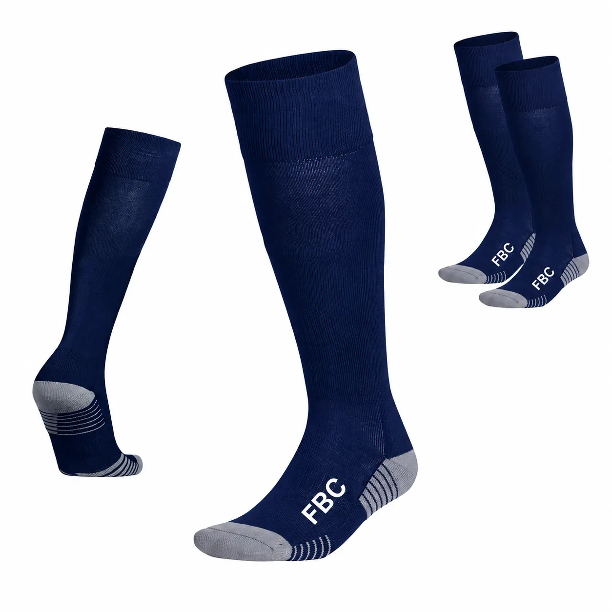 Calcetines deportivos hasta la rodilla de color azul marino con el logotipo blanco de FBC,laterales y posteriores.