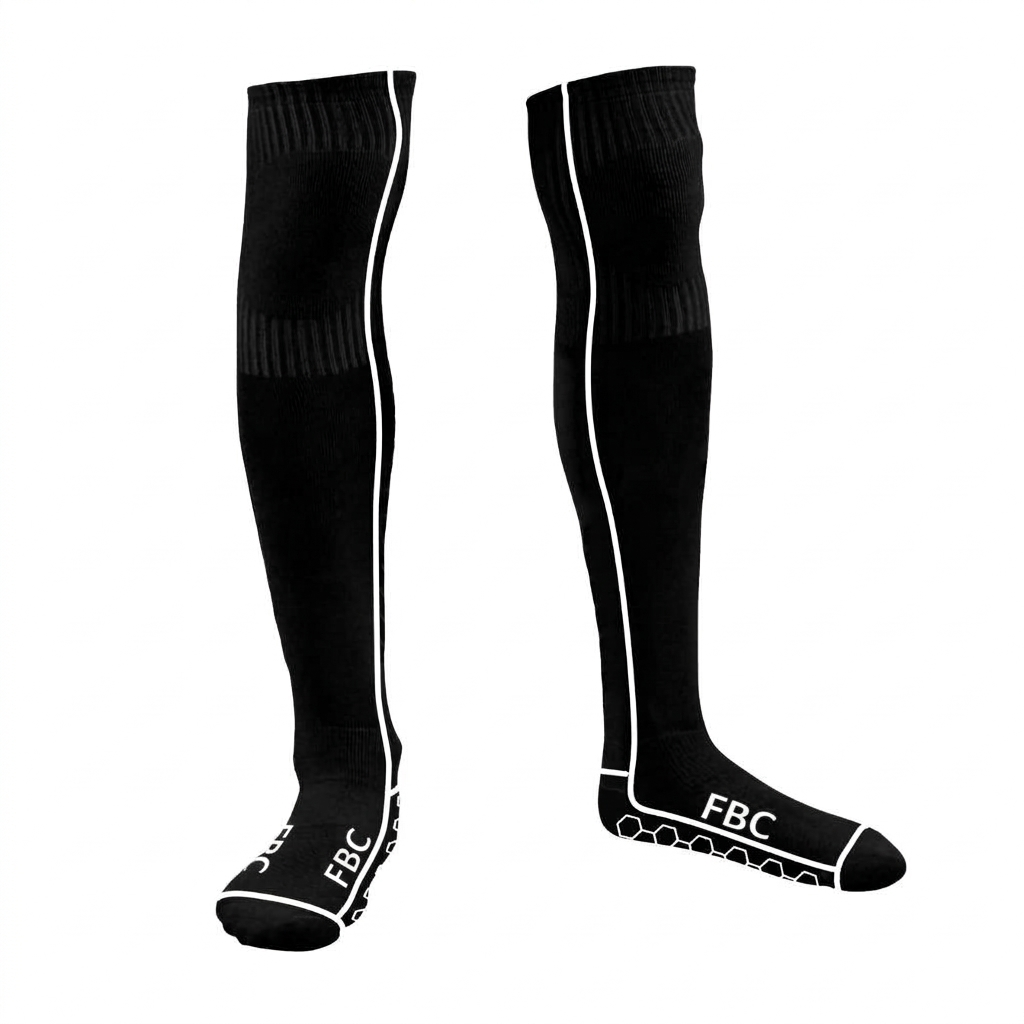 Calcetines de compresión negros hasta la rodilla, mostrados en vistas frontal y lateral, con ribete blanco y la marca FBC.