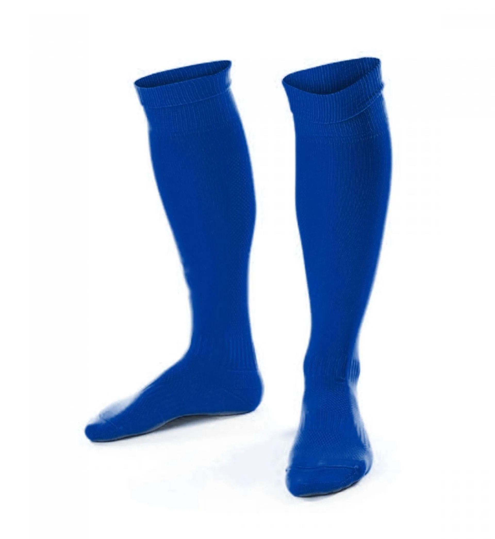 Un par de calcetines altos de color azul brillante sobre un fondo blanco.