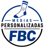 Logo circular azul y negro de Medias Personalizadas FBC con un calcetín en la parte superior.